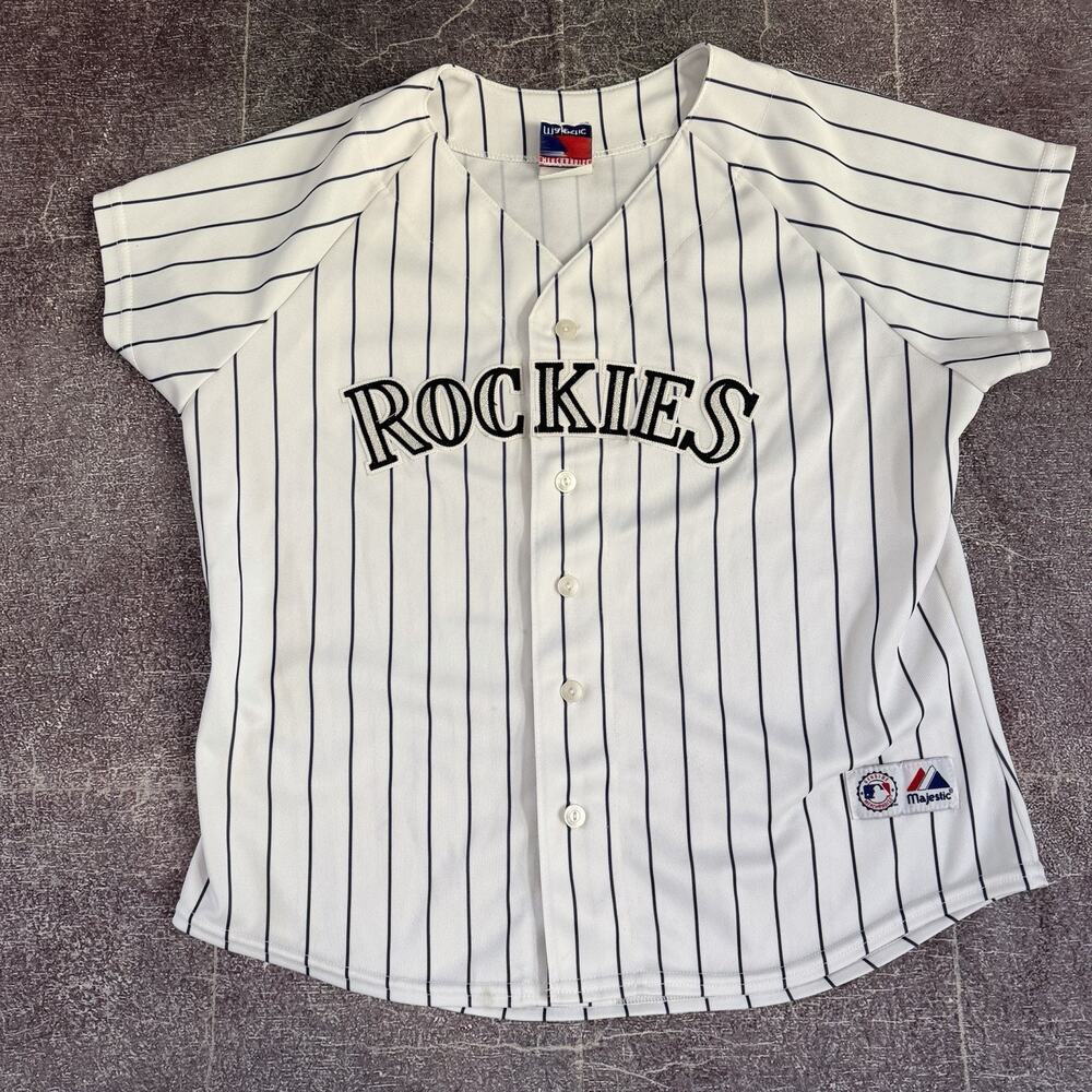 Women's Vintage Majestic USA Colorado Rockies White Pinstripe Home Jersey Sz L